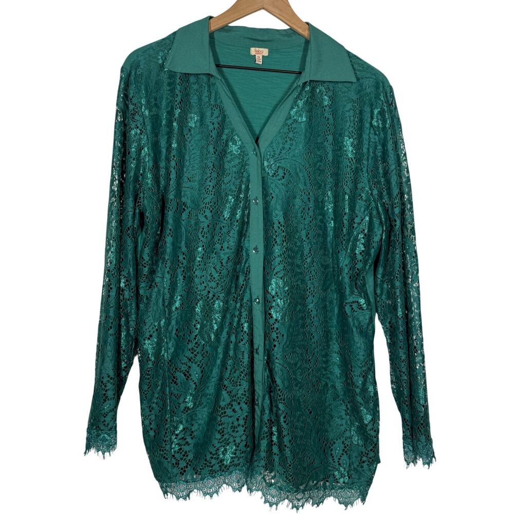 Reba Lace Front Button Down Shirt Plus Size 1X Green Floral Fairy Cottage Countr